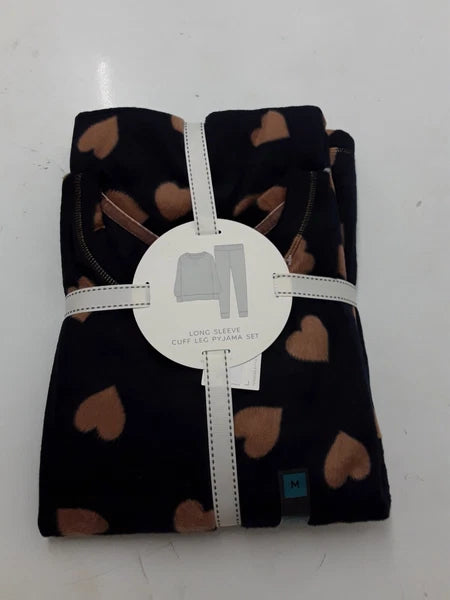 LADIES FLEECE HEART PRINT PYJAMAS SET LARGE SIZE NAVY MIX COLOUR