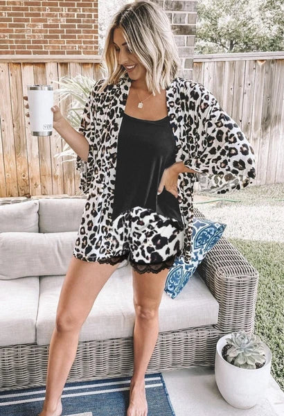 Women’s Small Black Tank Top And Leopard Lace Trim Shorts Pajama Lounge Set