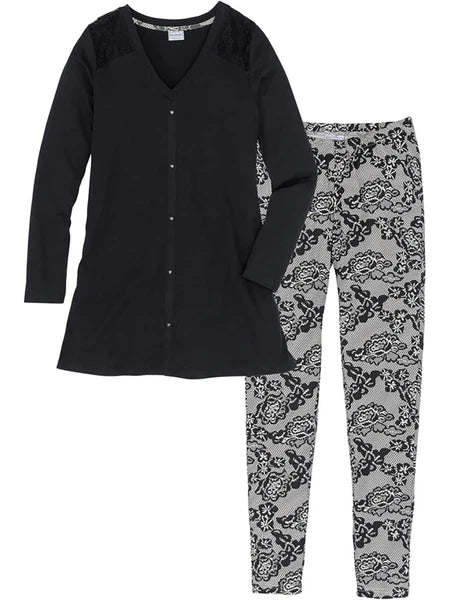 BPC BLACK COTTON LACE PRINT PYJAMA LEGGING SET - 10/12 14/16 18/20 22/24 26/2