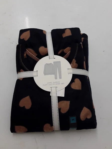 LADIES FLEECE HEART PRINT PYJAMAS SET LARGE SIZE NAVY MIX COLOUR