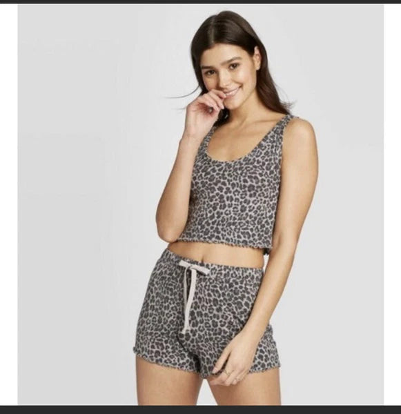 Grayson Threads grey leopard print tank top/shorts sleepwear set size medium