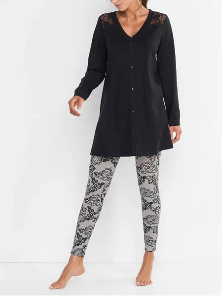 BPC BLACK COTTON LACE PRINT PYJAMA LEGGING SET - 10/12 14/16 18/20 22/24 26/2