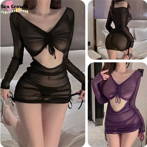 New Sexy Lingerie Lace-up Pleated Women's Pajama Set with Tight-fitting Skirt