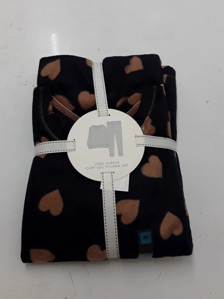 LADIES FLEECE HEART PRINT PYJAMAS SET LARGE SIZE NAVY MIX COLOUR