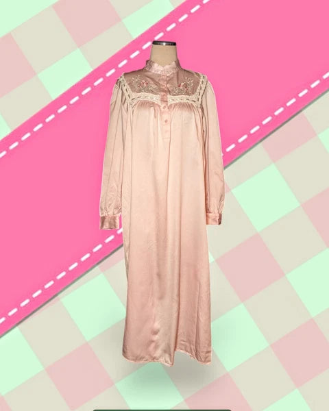GO SOFTLY Pink Satin Cotton Lined Nightgown FLORAL Embroidered Women's Small
