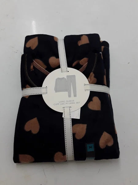 LADIES FLEECE HEART PRINT PYJAMAS SET LARGE SIZE NAVY MIX COLOUR