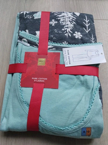 M&S Ladies Pyjama Set Size 8-10 Turquoise/ Grey Long Leg Long Sleeve New