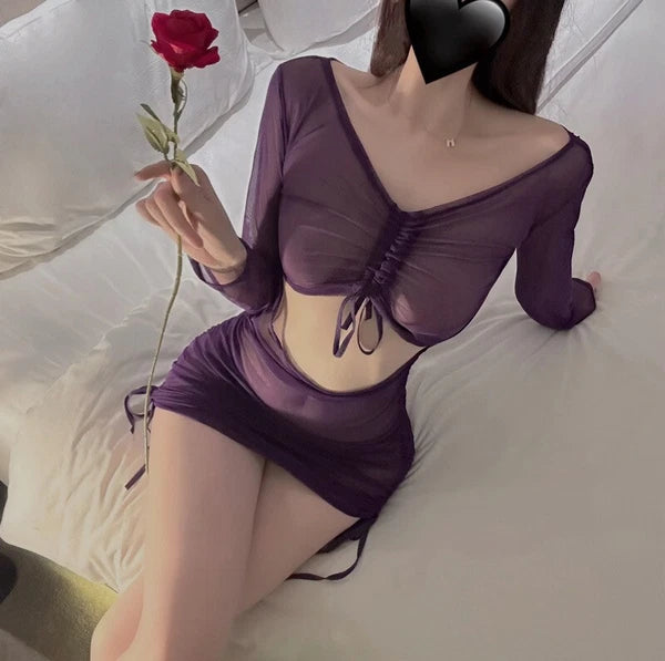 New Sexy Lingerie Lace-up Pleated Women's Pajama Set with Tight-fitting Skirt