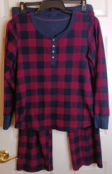 Nautica Pajama Set Womens Medium Waffle Thermal Blue Red Plaid #Q10