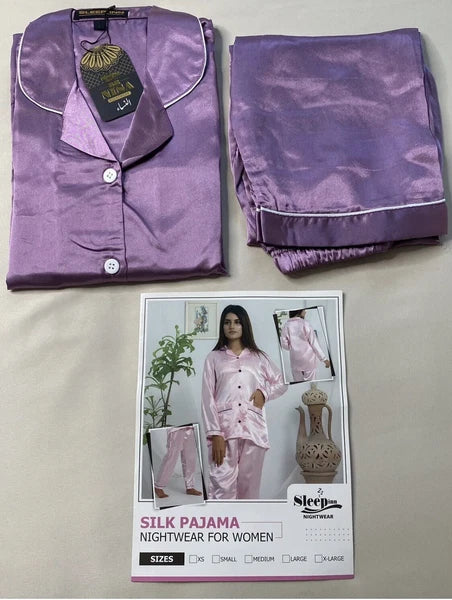 LIGHT PURPLE SILKY SATIN WOMENS NIGHTWEAR PYJAMA SET - LARGE SIZE