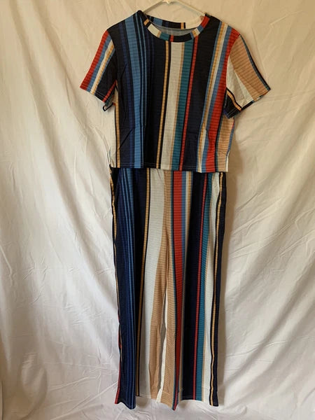 3XL Blue Multicolor Striped Summer Cool Shirt Pants Pajama Set