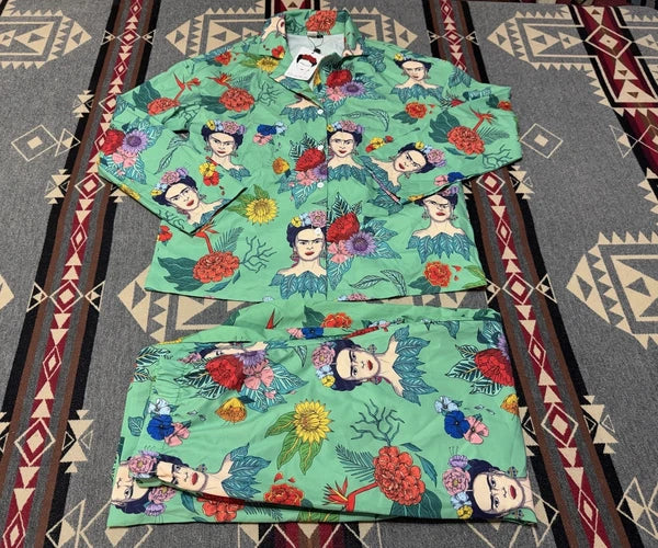 Frida Kahlo Women’s Pajama Set Sz S Cotton Boho Print Sleepwear T33