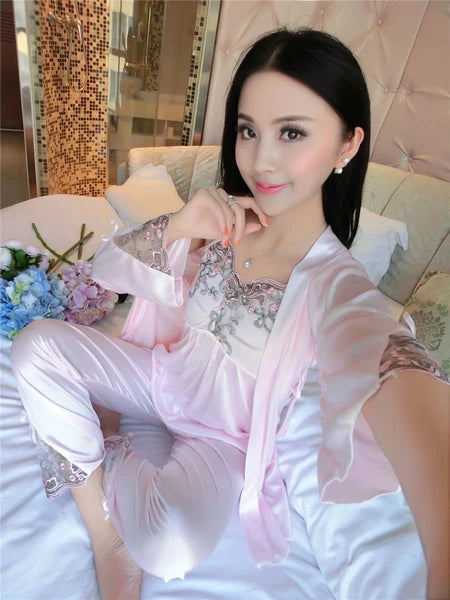 Sleepwear Nightwear Loungewear 3Pieces/Set Women Lady Silk Satin Pajamas Pyjama