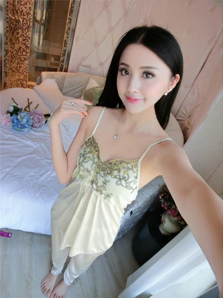 Sleepwear Nightwear Loungewear 3Pieces/Set Women Lady Silk Satin Pajamas Pyjama