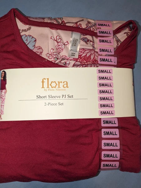 Flora Women's 2 Piece Short Sleeve PJ Set-SMALL - Raspberry Floral "New"(Box 23)