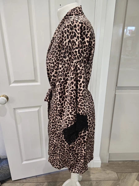 Satin Leopard Print Lingerie Nightwear Set Cami Shorts Robe 8-10