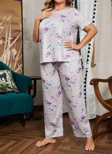 PYJAMA PLUS 20 22 24 26 28 PINK ROSE FLORAL PRINT STRETCH LOUNGEWEAR COMFORT