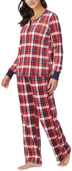 Nautica Women's 2 Piece Fleece Pajama Sleepwear Set Red White Plaid SMALL