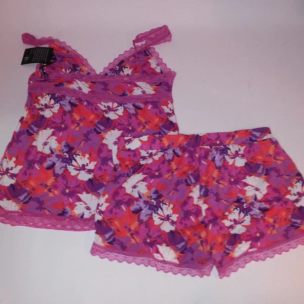 Valeria Bertinelli Camisole Set Tank Top & Shorts Medium Pink Orange Lace Trim