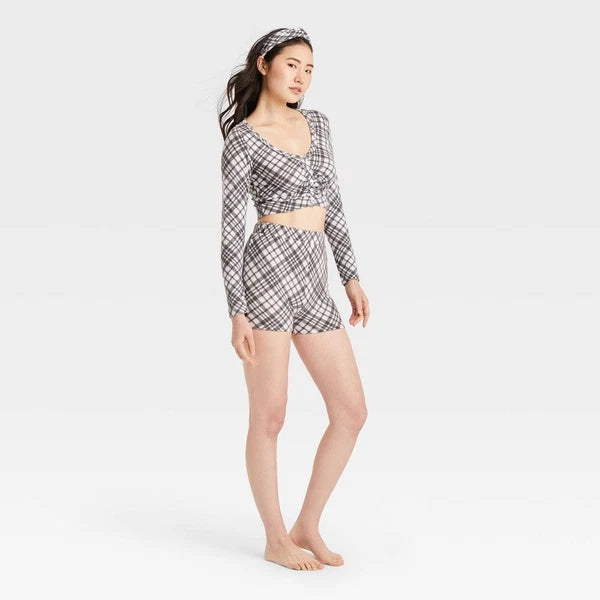 Women's 3pc Plaid Headband and Pajama Set - Colsie Gray XS