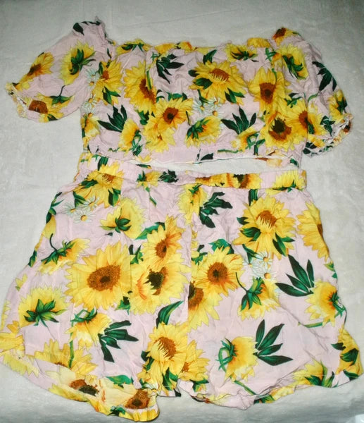 #1200 Skein 2pc PJ Sunflower Yellow Crop Top & Shorts Lounge Pajama Set 2XL Plus