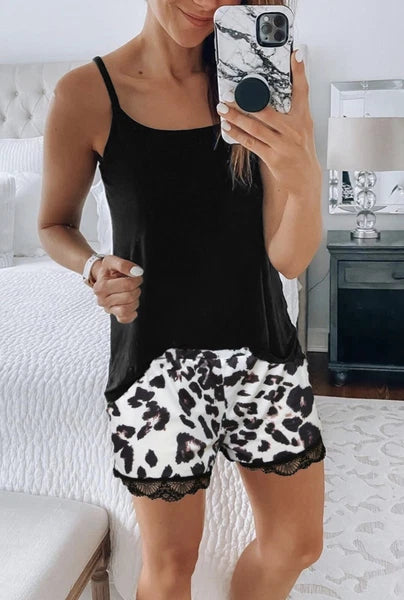 Women’s Small Black Tank Top And Leopard Lace Trim Shorts Pajama Lounge Set