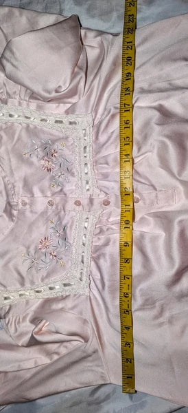 GO SOFTLY Pink Satin Cotton Lined Nightgown FLORAL Embroidered Women's Small