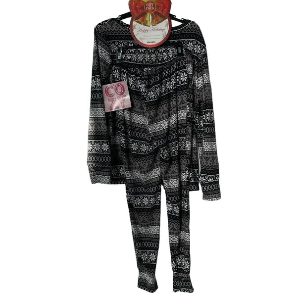 Shosho Snowflakes Fair Isle Pajama Set Womens L Black Polyester Blend NEW