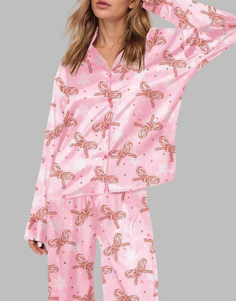 Bow Trending Pajamas Set, Christmas Bows Pajamas Long Sleeves, Bows Gift PJS