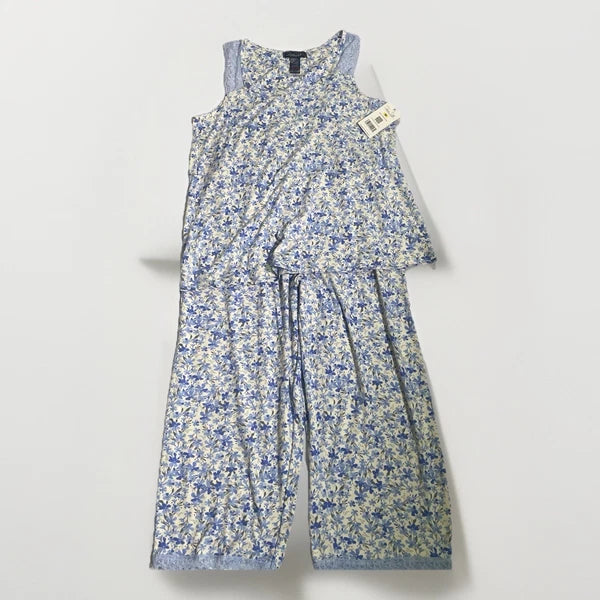 NWT Rene Rolfe 2 Piece Pajama Set Women M Sleeveless Tank W/ Capri’s Blue Floral