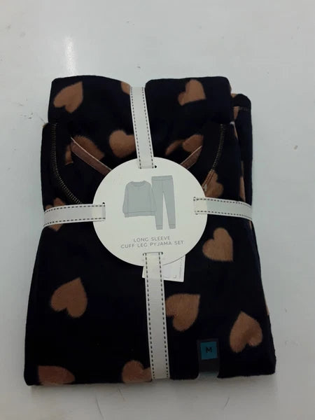 LADIES FLEECE HEART PRINT PYJAMAS SET LARGE SIZE NAVY MIX COLOUR
