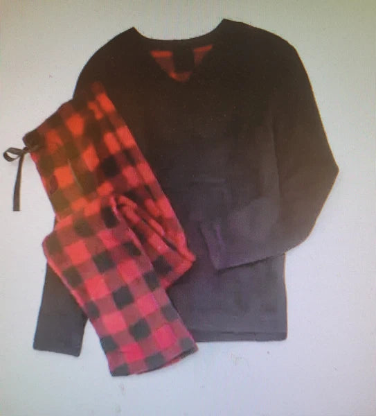 New Women Isotoner 2 Piece Pajama Set Fleece Pants Top Red Black Buffalo Plaid L