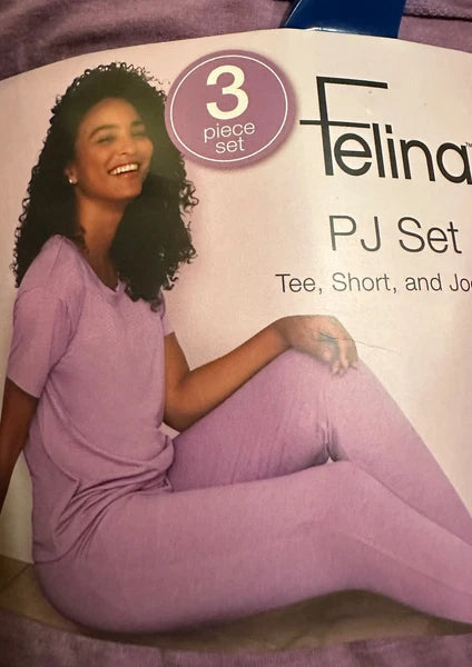 FELINA WOMENS PJ SET TEE, SHORT, AND JOG PAJAMAS LARGE PURPLE