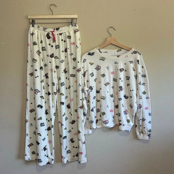 Stitch & Pine pajama set womens large emoji soft long sleeve white