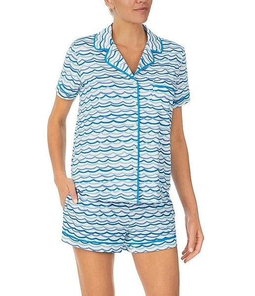 Kate Spade New York Ocean Wave Print Short Sleeve Notch Collar Jersey Knit Short