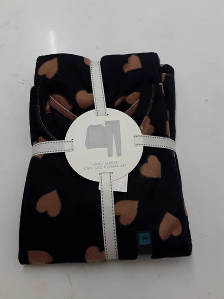 LADIES FLEECE HEART PRINT PYJAMAS SET LARGE SIZE NAVY MIX COLOUR