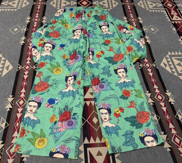 Frida Kahlo Women’s Pajama Set Sz S Cotton Boho Print Sleepwear T33