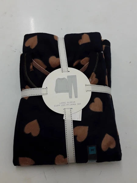 LADIES FLEECE HEART PRINT PYJAMAS SET LARGE SIZE NAVY MIX COLOUR