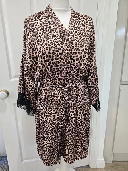 Satin Leopard Print Lingerie Nightwear Set Cami Shorts Robe 8-10