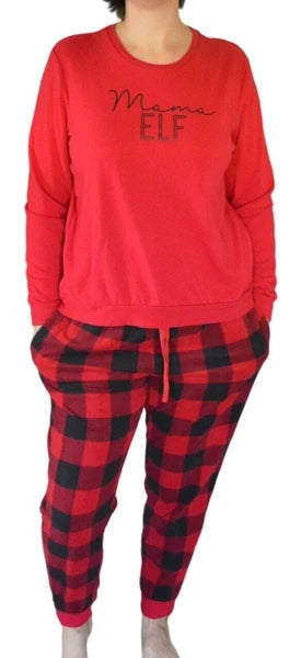 North Pole Buffalo Check Holiday Mama Elf Red Black Pajama Set Women's Large